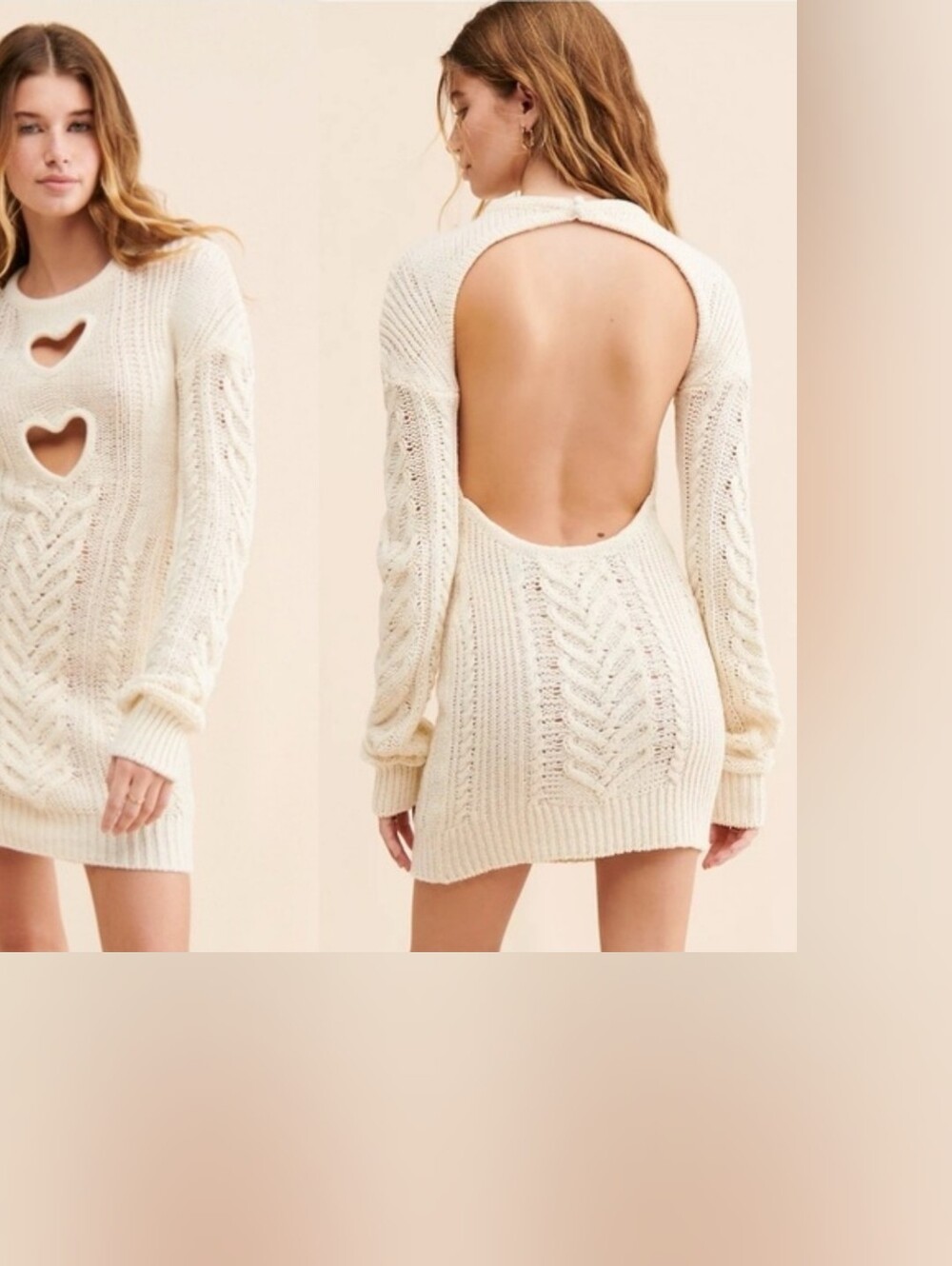 For Love & Lemons Ivory Heart Cutout Open Back Cable Knit Mini Dress S